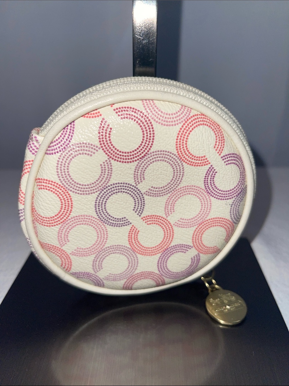 Coach Signature Dot Op Art Round Coin Purse Pink & Purple Mini Zip Pouch 44465R